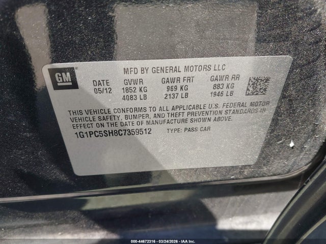 2012 Chevrolet Cruze Ls მანქანა იყიდება აუქციონზე, vin: 1G1PC5SH8C7359512, აუქციონის ნომერი: 44672316