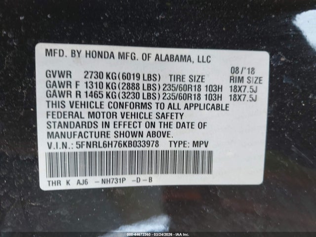 2019 HONDA ODYSSEY 5FNRL6H76KB033978 Photo 8