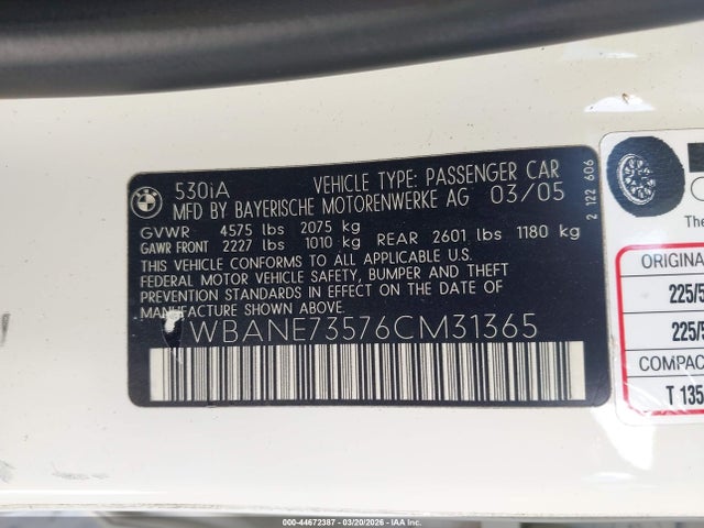 2006 Bmw 530i მანქანა იყიდება აუქციონზე, vin: WBANE73576CM31365, აუქციონის ნომერი: 44672387