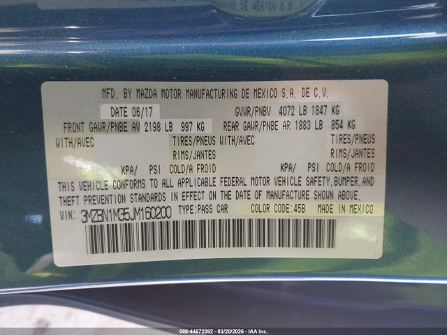 44672392 :رقم المزاد ، 3MZBN1M35JM160200 vin ، 2018 Mazda Mazda3 Grand Touring مزاد بيع