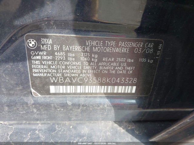 44672407 :رقم المزاد ، WBAVC93588K043328 vin ، 2008 Bmw 328xi مزاد بيع