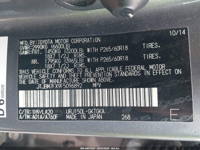 Aukcja sprzedaży 2015 Lexus Gx 460, vin: JTJBM7FX9F5096892, numer aukcji: 44672427
