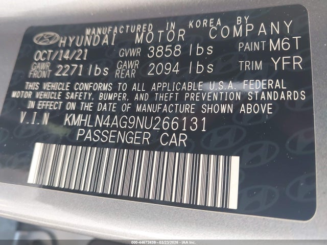 2022 Hyundai Elantra Sel მანქანა იყიდება აუქციონზე, vin: KMHLN4AG9NU266131, აუქციონის ნომერი: 44672439