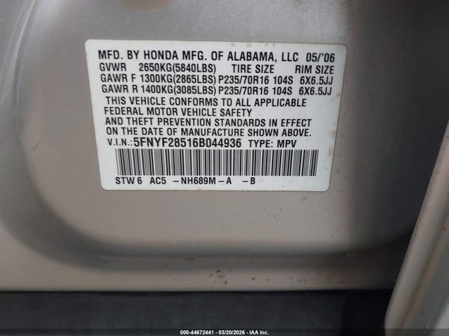 2006 HONDA PILOT 5FNYF28516B044936 Photo 8