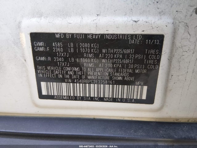 44672453 :رقم المزاد ، 4S4BRBPC2E3258161 vin ، 2014 Subaru Outback 2.5i Limited مزاد بيع
