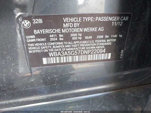 Продаж на аукціоні авто 2013 Bmw 328i, vin: WBA3A5G57DNP22094, номер лоту: 44672458
