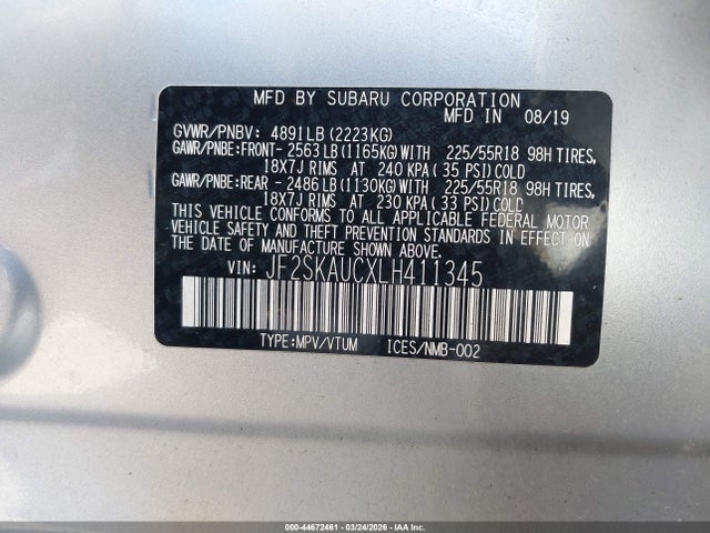 44672461 :رقم المزاد ، JF2SKAUCXLH411345 vin ، 2020 Subaru Forester Limited مزاد بيع