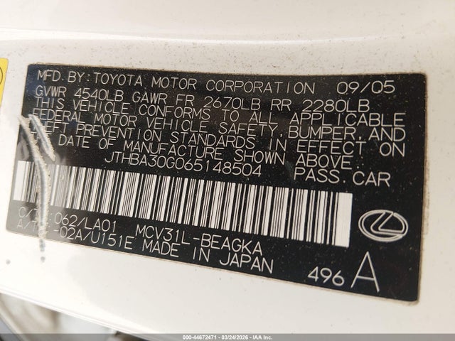 44672471 :رقم المزاد ، JTHBA30G065148504 vin ، 2006 Lexus Es 330 مزاد بيع