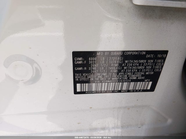 2019 Subaru Ascent Touring მანქანა იყიდება აუქციონზე, vin: 4S4WMARD5K3430324, აუქციონის ნომერი: 44672478