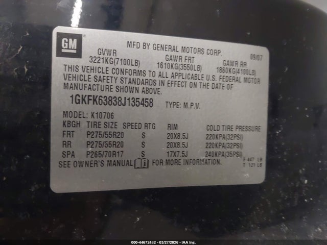 44672482 :رقم المزاد ، 1GKFK63838J135458 vin ، 2008 Gmc Yukon Denali مزاد بيع