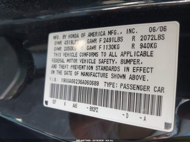 Aukcja sprzedaży 2006 Acura Tl, vin: 19UUA66236A060689, numer aukcji: 44672488