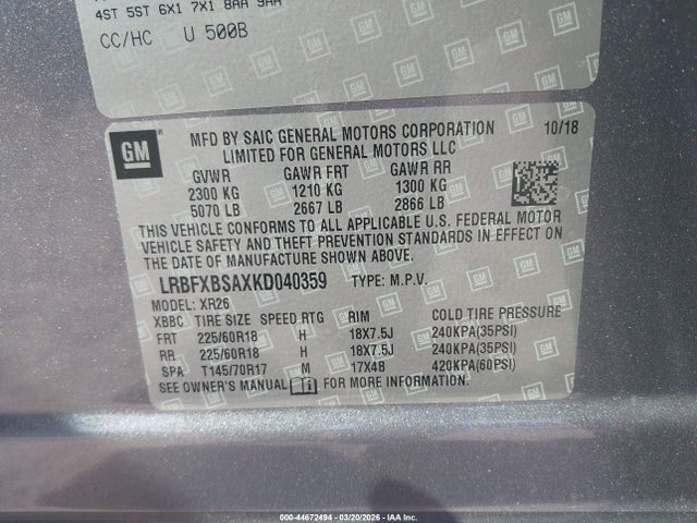 44672494 :رقم المزاد ، LRBFXBSAXKD040359 vin ، 2019 Buick Envision Fwd Preferred مزاد بيع