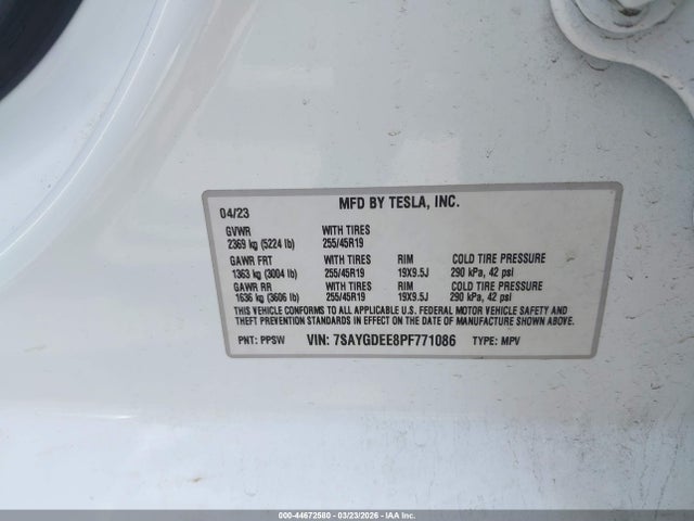 2023 Tesla Model Y Awd/long Range Dual Motor All-wheel Drive მანქანა იყიდება აუქციონზე, vin: 7SAYGDEE8PF771086, აუქციონის ნომერი: 44672580