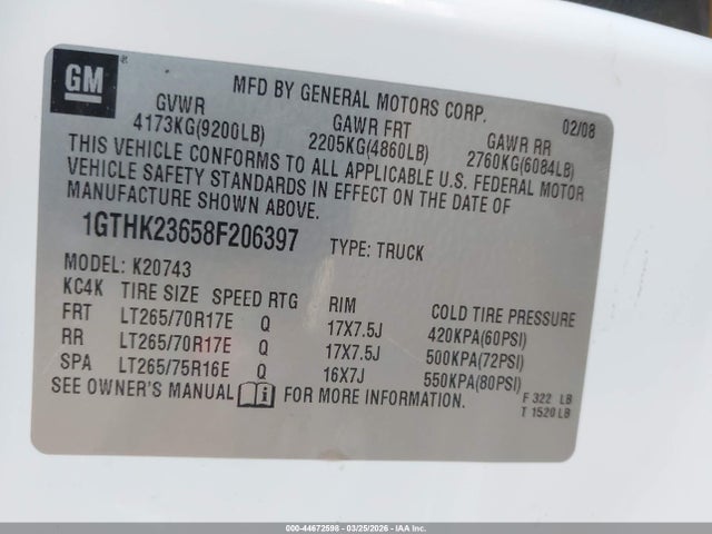 Aukcja sprzedaży 2008 Gmc Sierra 2500hd Slt, vin: 1GTHK23658F206397, numer aukcji: 44672598
