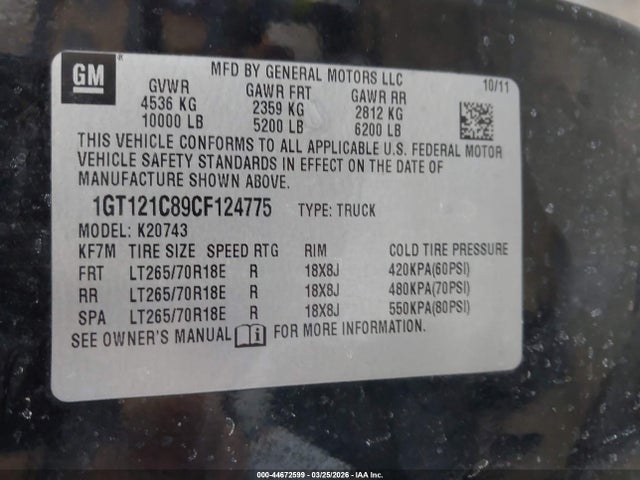 2012 Gmc Sierra 2500hd Slt მანქანა იყიდება აუქციონზე, vin: 1GT121C89CF124775, აუქციონის ნომერი: 44672599