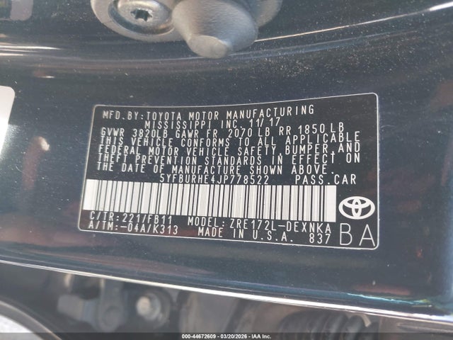 Auction sale of the 2018 Toyota Corolla Le, vin: 5YFBURHE4JP778522, lot number: 44672609