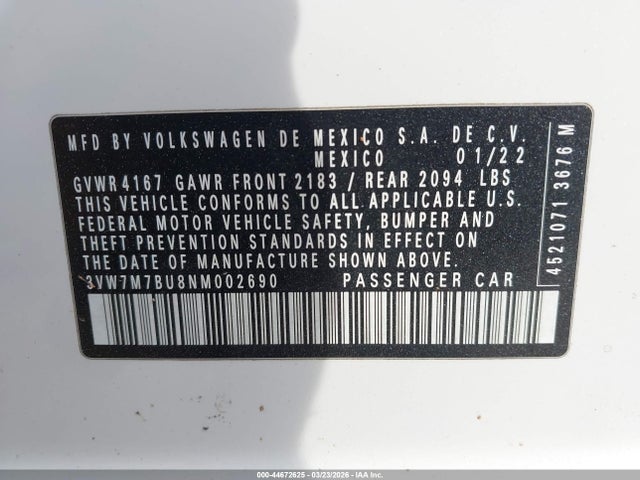 44672625 :رقم المزاد ، 3VW7M7BU8NM002690 vin ، 2022 Volkswagen Jetta 1.5t Se مزاد بيع