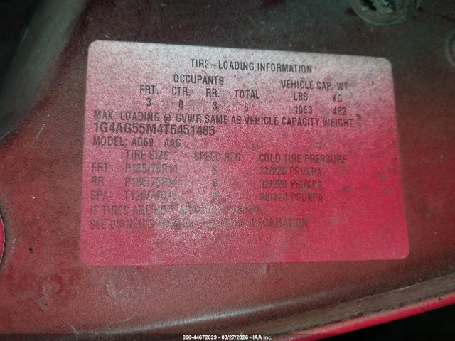 44672629 :رقم المزاد ، 1G4AG55M4T6451485 vin ، 1996 Buick Century Special/custom/limited مزاد بيع