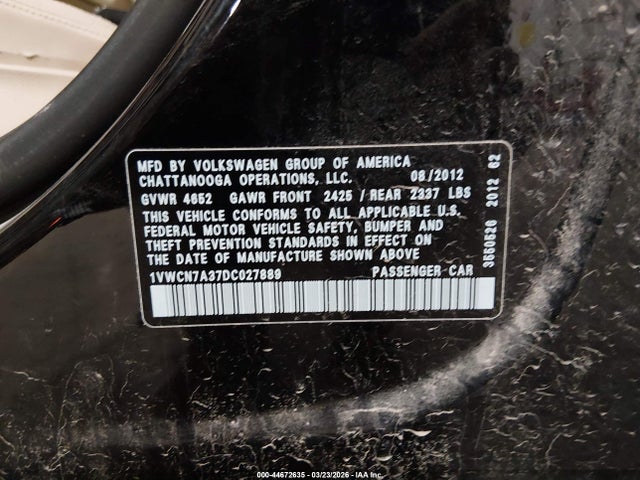 44672635 :رقم المزاد ، 1VWCN7A37DC027889 vin ، 2013 Volkswagen Passat 2.0l Tdi Sel Premium مزاد بيع