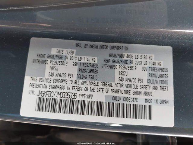44672640 :رقم المزاد ، JM3KFBCY7M0335936 vin ، 2021 Mazda Cx-5 Carbon Edition Turbo مزاد بيع