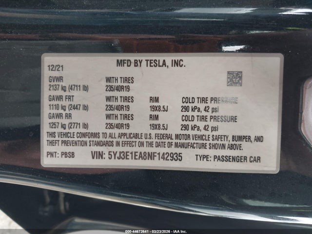 Aukcja sprzedaży 2022 Tesla Model 3 Rear-wheel Drive, vin: 5YJ3E1EA8NF142935, numer aukcji: 44672641