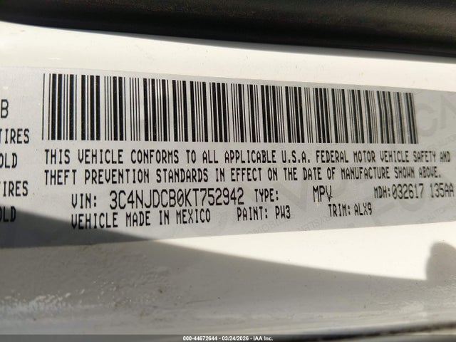 Продажа на аукционе авто 2019 Jeep Compass Limited 4x4, vin: 3C4NJDCB0KT752942, номер лота: 44672644