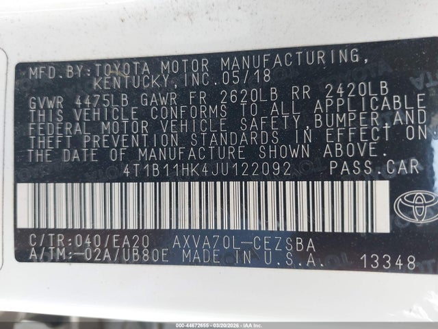 4T1B11HK4JU122092 Toyota CAMRY SE