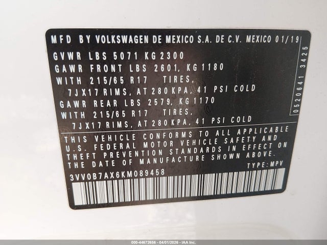 Продаж на аукціоні авто 2019 Volkswagen Tiguan 2.0t S, vin: 3VV0B7AX6KM089458, номер лоту: 44672656