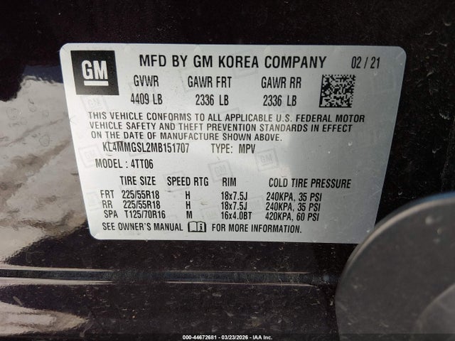 2021 Buick Encore Gx Awd Essence მანქანა იყიდება აუქციონზე, vin: KL4MMGSL2MB151707, აუქციონის ნომერი: 44672681