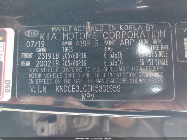 Auction sale of the 2019 Kia Niro Lx, vin: KNDCB3LC6K5331959, lot number: 44672694