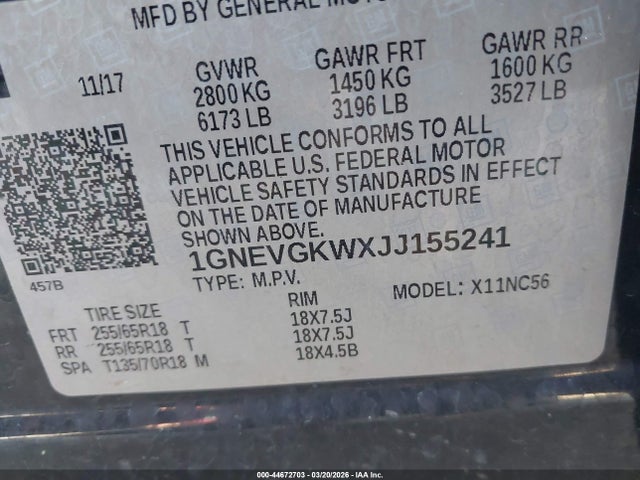44672703 :رقم المزاد ، 1GNEVGKWXJJ155241 vin ، 2018 Chevrolet Traverse 1lt مزاد بيع