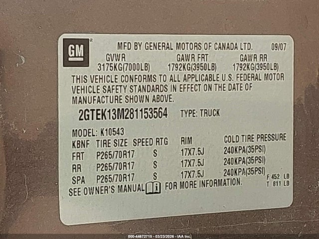 Aukcja sprzedaży 2008 Gmc Sierra 1500 Sle2, vin: 2GTEK13M281153564, numer aukcji: 44672715