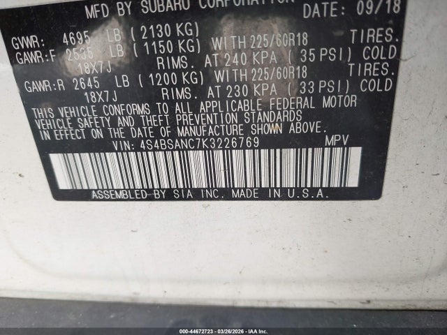 44672723 :رقم المزاد ، 4S4BSANC7K3226769 vin ، 2019 Subaru Outback 2.5i Limited مزاد بيع