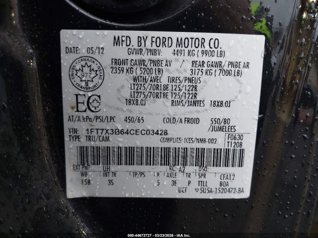 44672727 :رقم المزاد ، 1FT7X3B64CEC03428 vin ، 2012 Ford Super Duty F-350 Srw Xlt مزاد بيع