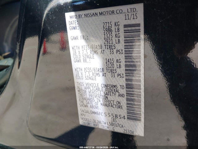 Aukcja sprzedaży 2015 Infiniti Qx60, vin: 5N1AL0MM6FC555854, numer aukcji: 44672736