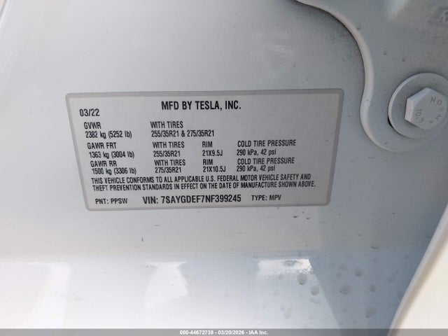 2022 Tesla Model Y Performance Dual Motor All-wheel Drive მანქანა იყიდება აუქციონზე, vin: 7SAYGDEF7NF399245, აუქციონის ნომერი: 44672738