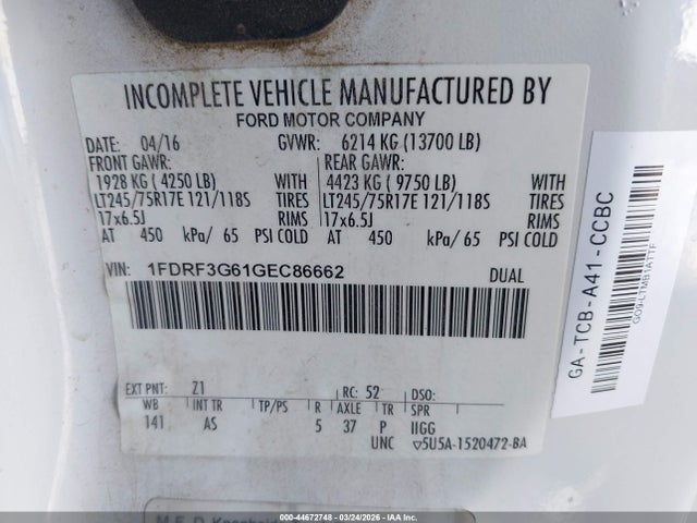 Ford F-350 Chassis Xl 2016 1FDRF3G61GEC86662 Image 9
