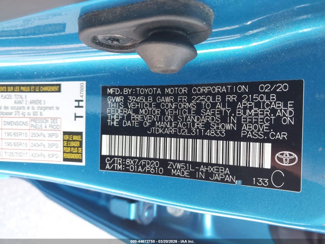 2020 TOYOTA PRIUS JTDKARFU2L3114833 Photo 8