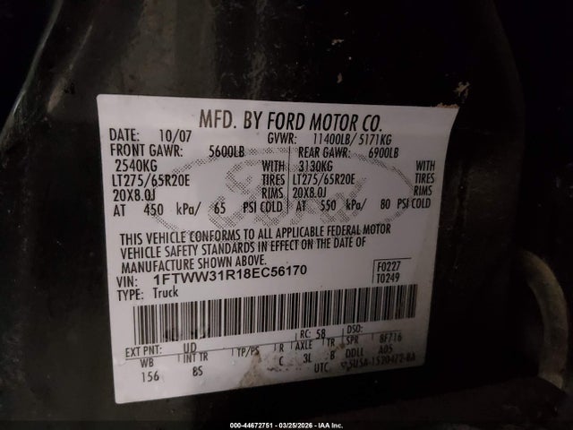 44672751 :رقم المزاد ، 1FTWW31R18EC56170 vin ، 2008 Ford F-350 Fx4/harley-davidson/king Ranch/lariat/xl/xlt مزاد بيع