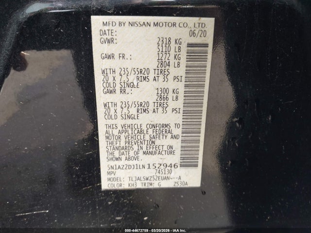 Продажа на аукционе авто 2020 Nissan Murano Platinum Fwd, vin: 5N1AZ2DJ1LN152946, номер лота: 44672759