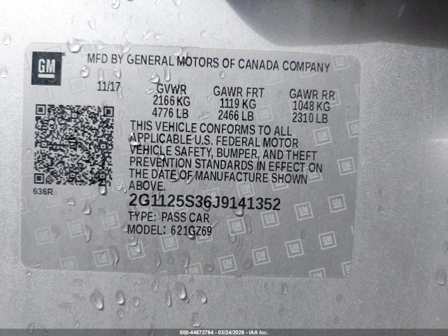 Aukcja sprzedaży 2018 Chevrolet Impala 2lz, vin: 2G1125S36J9141352, numer aukcji: 44672764