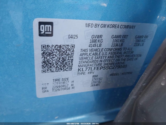 44672766 :رقم المزاد ، KL77LFEP5SC279040 vin ، 2025 Chevrolet Trax Fwd Ls مزاد بيع