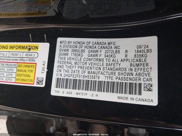 44672779 :رقم المزاد ، 2HGFE2F51SH535879 vin ، 2025 Honda Civic Sport مزاد بيع