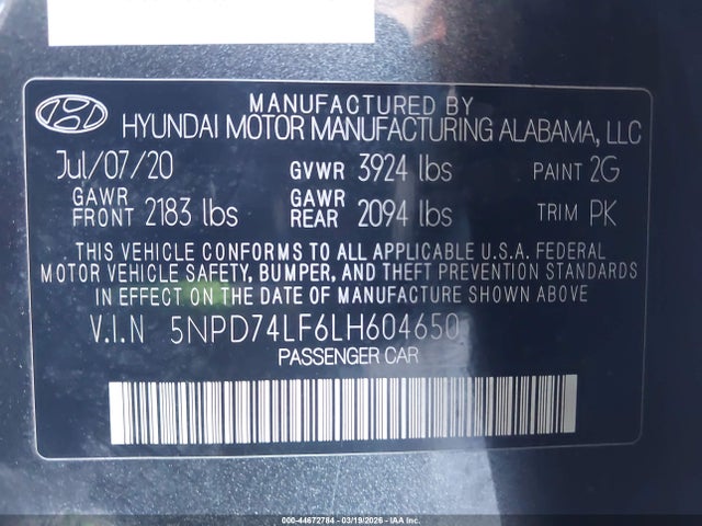 44672784 :رقم المزاد ، 5NPD74LF6LH604650 vin ، 2020 Hyundai Elantra Se مزاد بيع