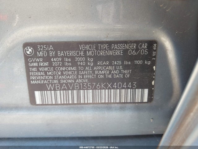 Aukcja sprzedaży 2006 Bmw 325i, vin: WBAVB13576KX40443, numer aukcji: 44672785