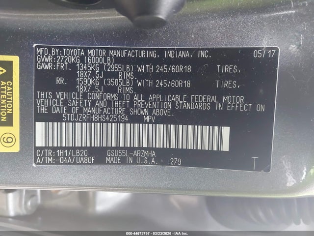 2017 Toyota Highlander Xle მანქანა იყიდება აუქციონზე, vin: 5TDJZRFH8HS425194, აუქციონის ნომერი: 44672797
