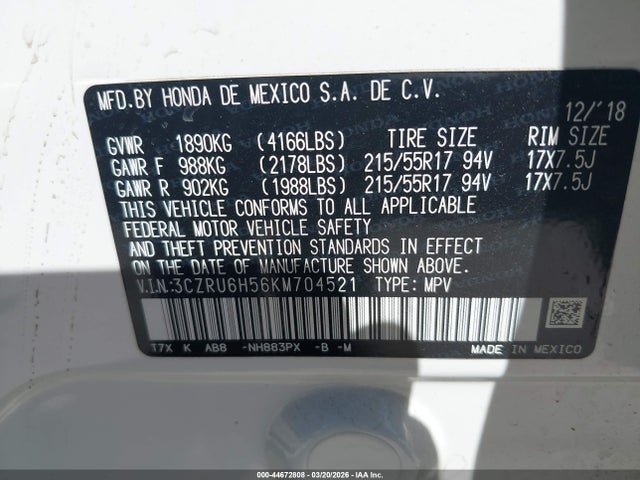 44672808 :رقم المزاد ، 3CZRU6H56KM704521 vin ، 2019 Honda Hr-v Ex مزاد بيع
