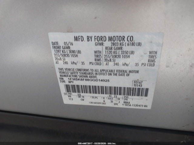 2016 FORD EXPLORER 1FM5K8F88GGD14925 Photo 8