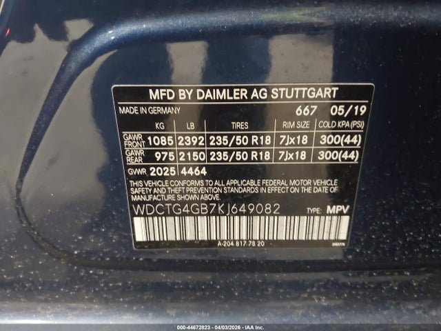 44672823 :رقم المزاد ، WDCTG4GB7KJ649082 vin ، 2019 Mercedes-benz Gla 250 4matic مزاد بيع