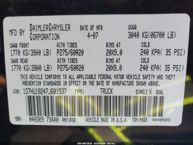 44672828 :رقم المزاد ، 1D7HU18247J601537 vin ، 2007 Dodge Ram 1500 Slt/trx4 Off Road/sport مزاد بيع